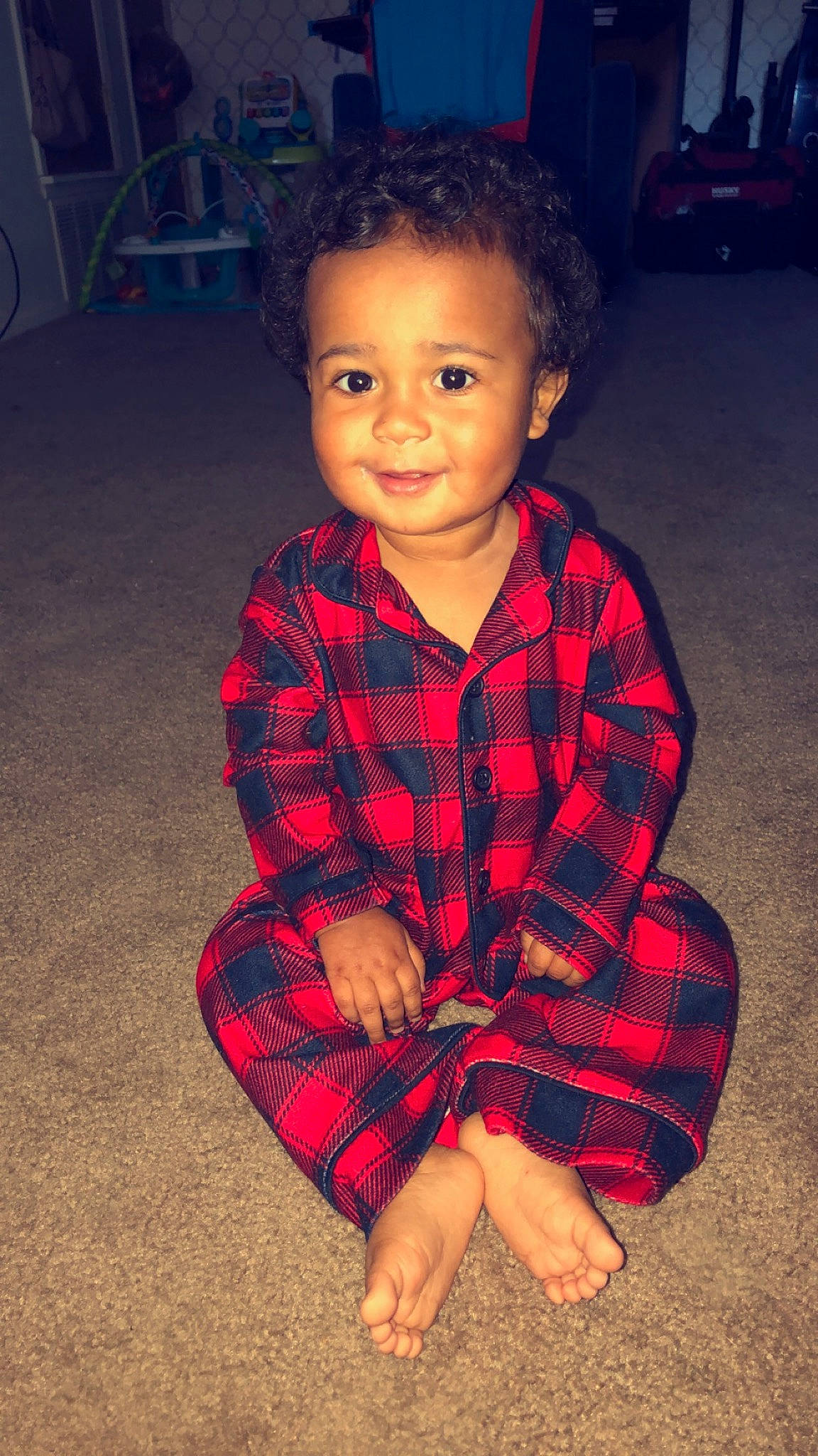 Aydrian joined the competition — help win amazing prizes! baby, cheek, child, child_model, design, face, head, outerwear, pajamas, pattern, person, plaid, play, sitting, skin, smile, standing, tartan, textile, toddler