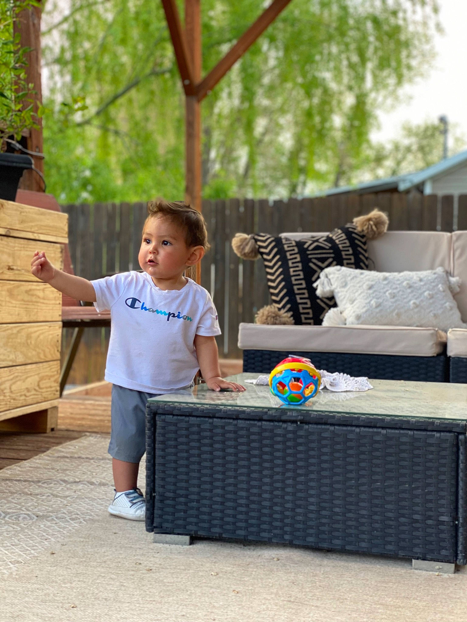 Easton joined the competition — help win amazing prizes! black, child, electric_blue, event, fun, grass, home_accessories, leisure, outdoor_furniture, pattern, person, play, recreation, shoe, shorts, sitting, t_shirt, table, toddler, tree