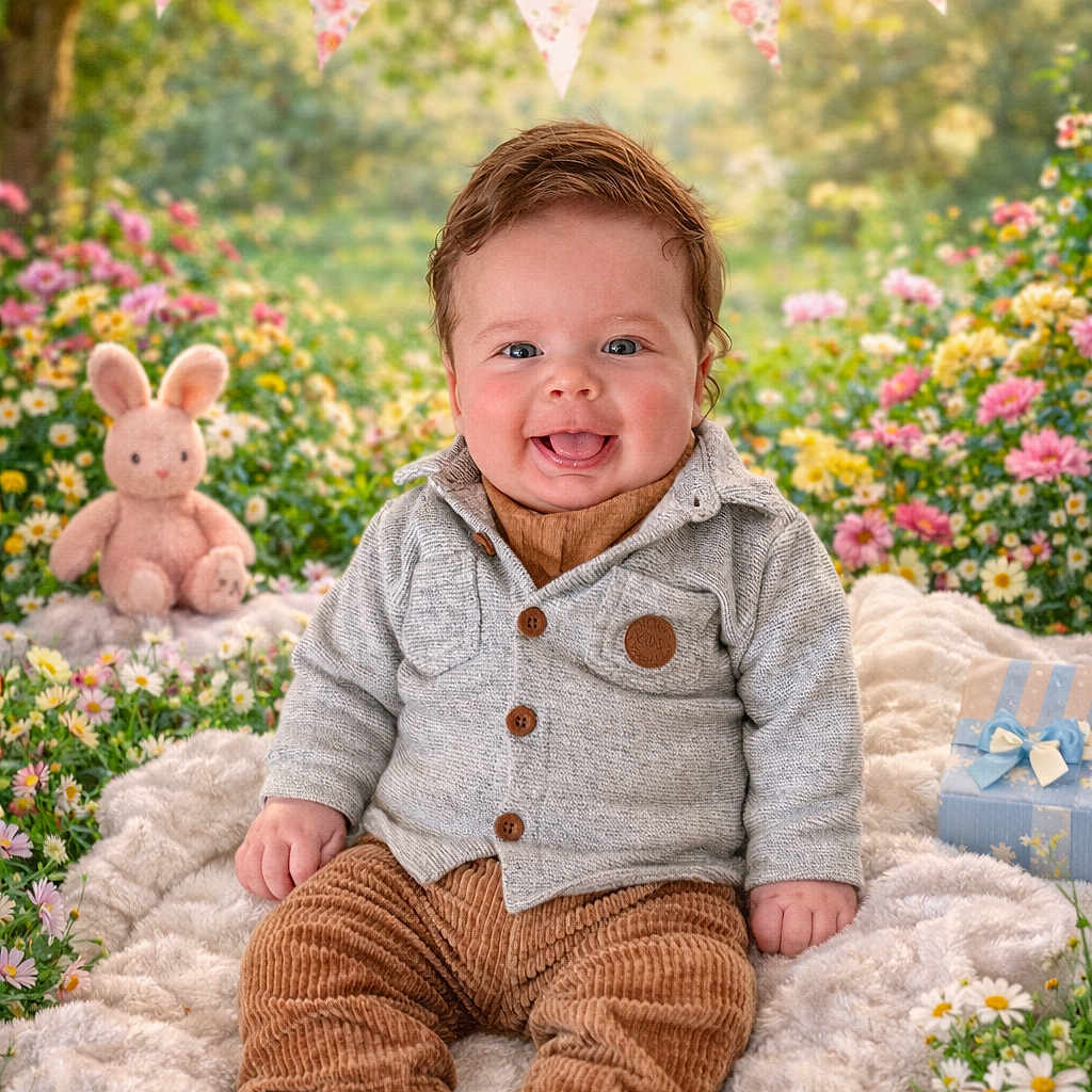 Gaël participe au concours pour gagner de l'argent avec cette photo : baby, blanket, bunny, bunting, child, corduroy_pants, cute, flower, garden, gift_box, greenery, happy, knit_jacket, nature, outdoor, plush_toy, portrait, sitting, smiling, soft_texture