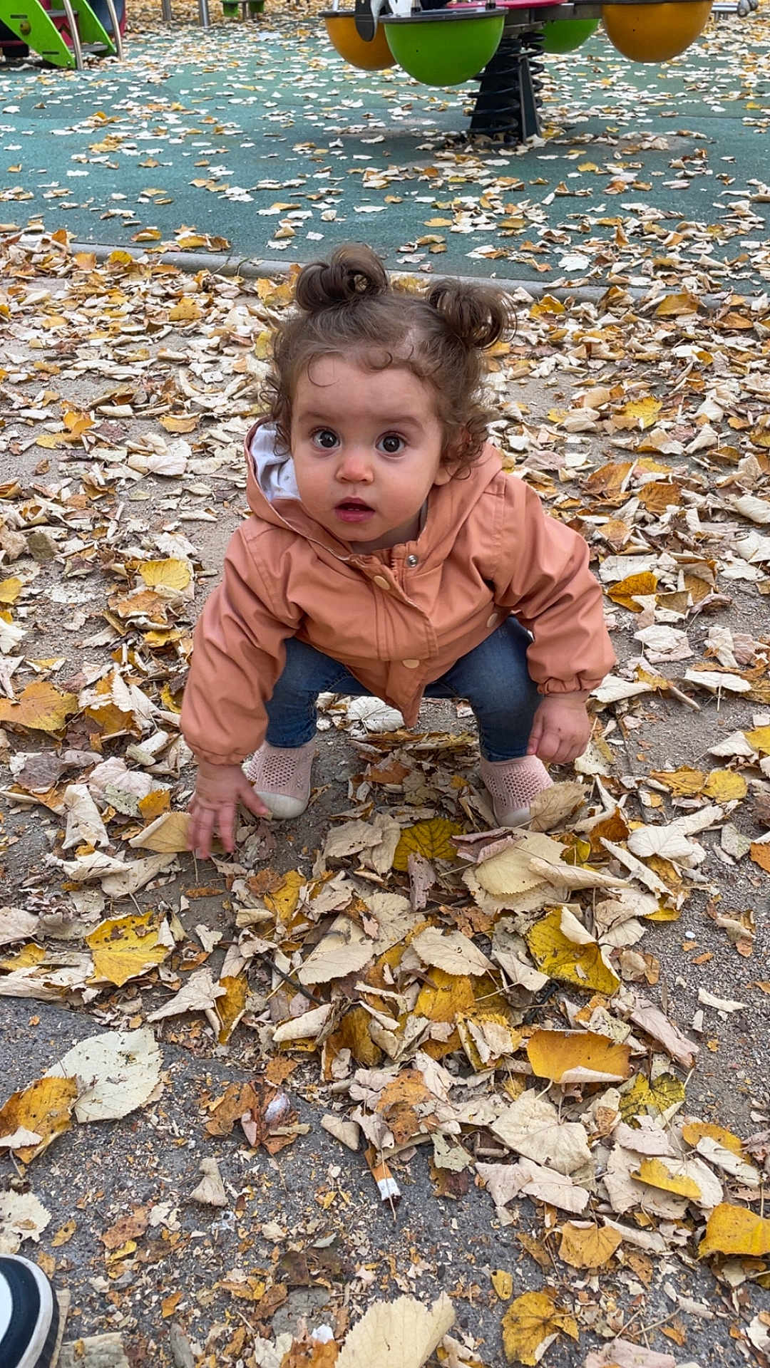Alya a rejoint le concours — aidez-le/la à gagner de superbes lots ! toddler, child, autumn, leaves, playground, curly_hair, jacket, jeans, sneakers, outdoor, fall, nature, cute, young_child, exploring, ground, seasonal, park, person, casual_wear