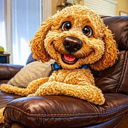 Graham is registered to the contest to win money with this photo: dog, curly_hair, brown_leather_couch, indoor, smiling, happy, pet, collar, fur, close_up, cozy, living_room, pillow, window, relaxing, cute, animal, domestic_animal, canine, portrait