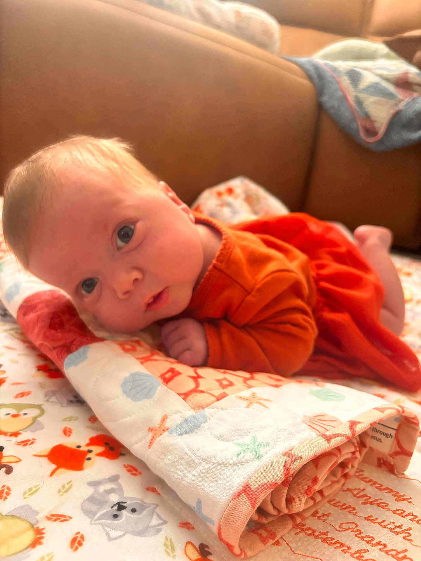 Opal is registered to the contest to win money with this photo: baby, infant, orange_clothing, quilt, blanket, face, head, lying_down, curious, indoors, couch, soft_light, portrait, child, cute, expression, small_hands, floor, home, colorful