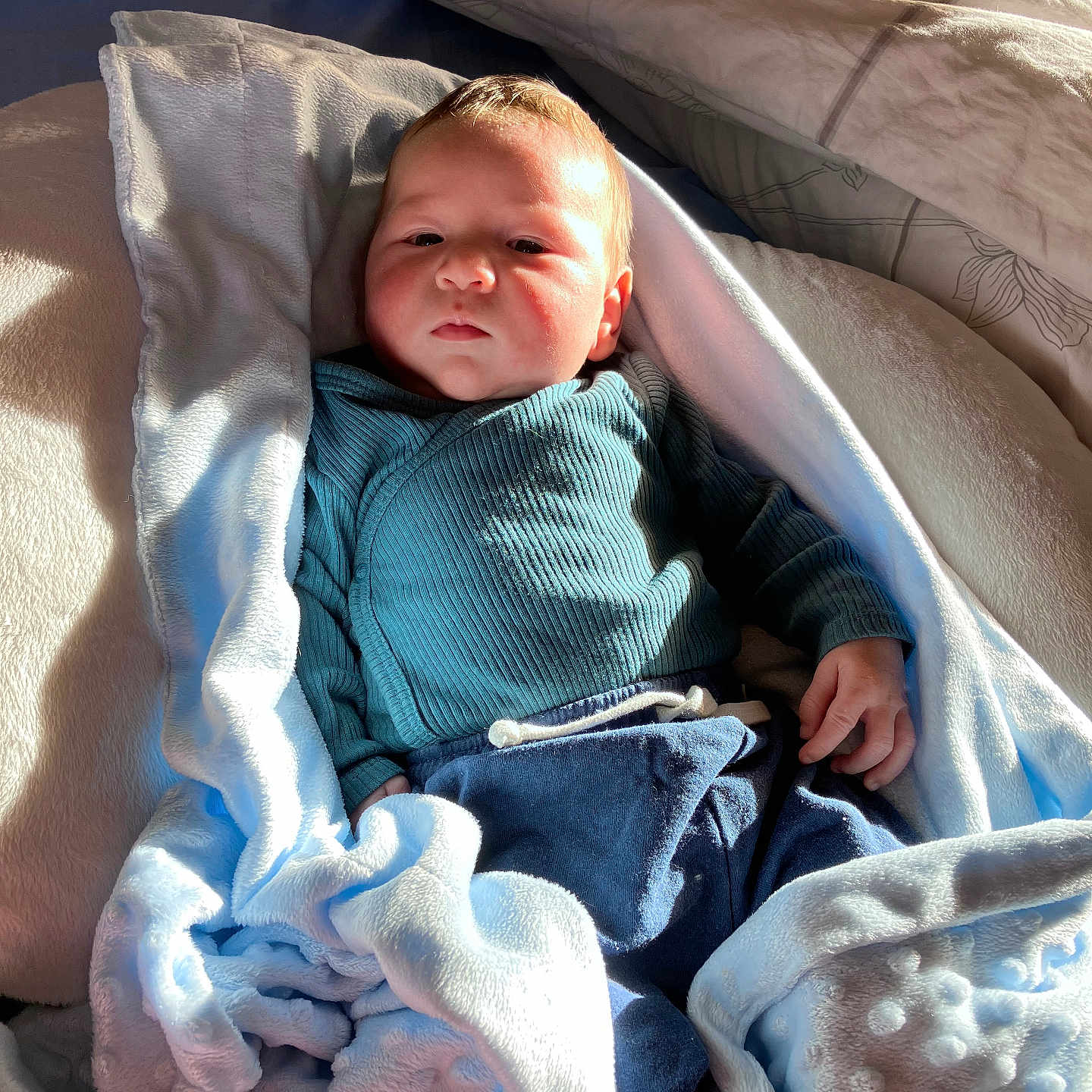 Nereo participe au concours pour gagner de l'argent avec cette photo : baby, bedding, blanket, blue, child, cute, face, indoors, infant, light, looking, person, portrait, resting, soft, sunlight, toddler, warm, wrapped, young