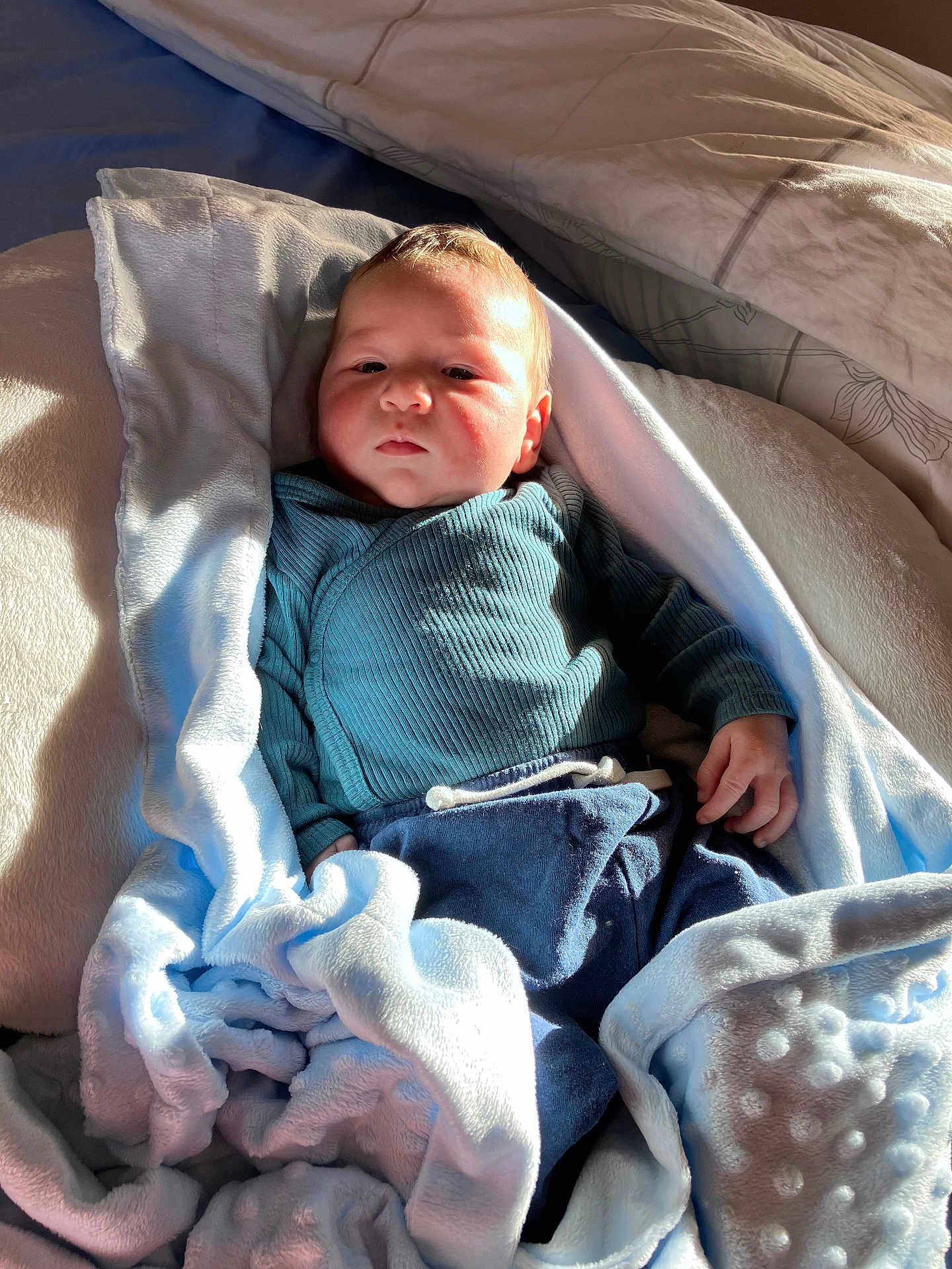 Nereo participe au concours pour gagner de l'argent avec cette photo : baby, blanket, blue, bedding, child, cute, face, infant, indoors, light, looking, person, portrait, resting, soft, sunlight, toddler, warm, wrapped, young