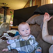 Dexter is registered to the contest to win money with this photo: arm, baby, blanket, blue_pants, casual, child, couch, cozy, curious, fan, indoor, living_room, person, pillow, plaid_shirt, plant, relaxed, seated, tattoo, television