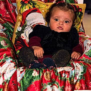 Syana participe au concours pour gagner de l'argent avec cette photo : baby, child, face, portrait, holiday, christmas, festive, blanket, pillow, santa_claus, clothing, glitter, chair, indoor, cute, expression, holiday_decor, red, green, cozy
