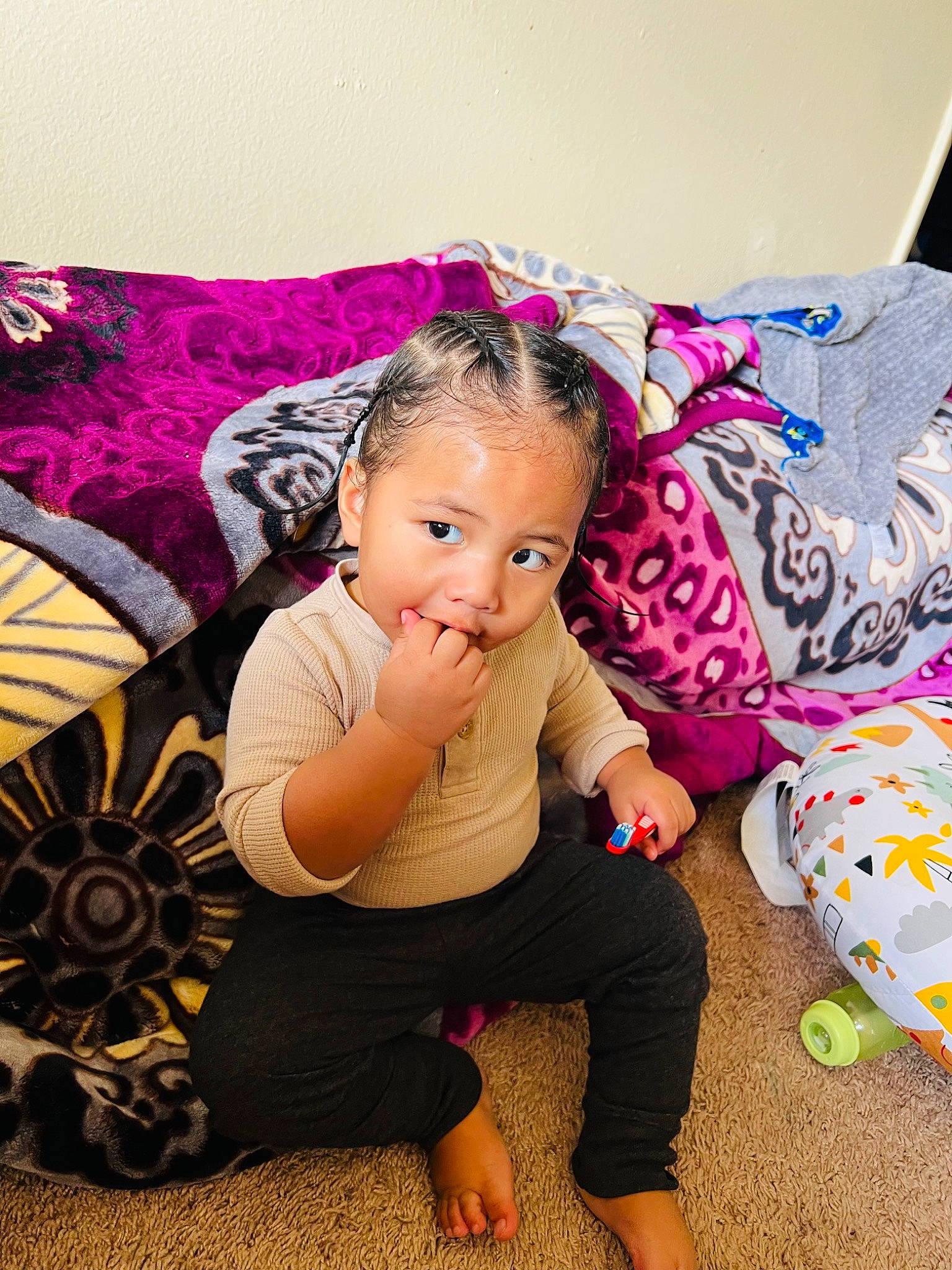 Andre joined the competition — help win amazing prizes! child, comfort, fashion_accessory, flash_photography, flooring, foot, fun, hairstyle, happy, hat, human_leg, magenta, pattern, person, pink, purple, sandal, sitting, t_shirt, thigh