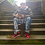 Goofy joined the competition — help win amazing prizes! man, dog, stairs, outdoor, leash, cap, jacket, pants, sneakers, stone, steps, pet, casual, blurred, portrait, holding, seated, nature, trees, brick_wall