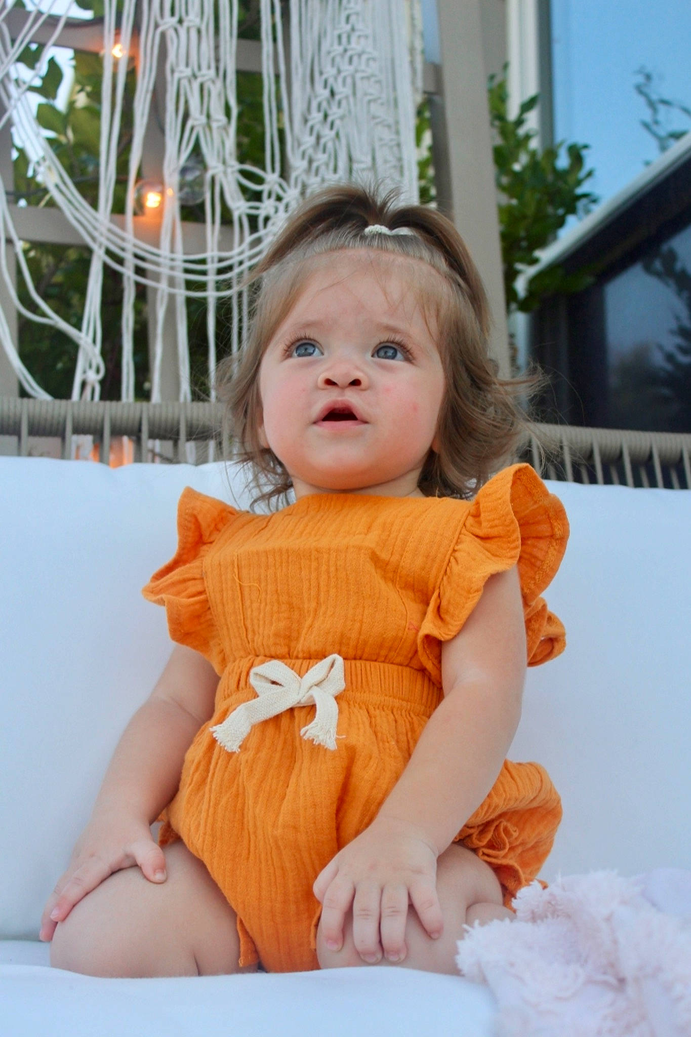 Kyra joined the competition — help win amazing prizes! baby, baby_toddler_clothing, beauty, blond, brown_hair, doll, dress, facial_expression, finger, fun, happy, leisure, orange, peach, person, pink, sitting, skin, sleeve, toddler