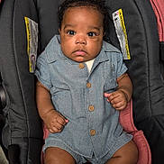Truce is registered to the contest to win money with this photo: adorable, baby, black_hair, blue_clothing, button_up, car_seat, child, curly_hair, cute, fabric, hands, indoor, infant, legs, portrait, seat_belt, serious_expression, skin, socks, young_child