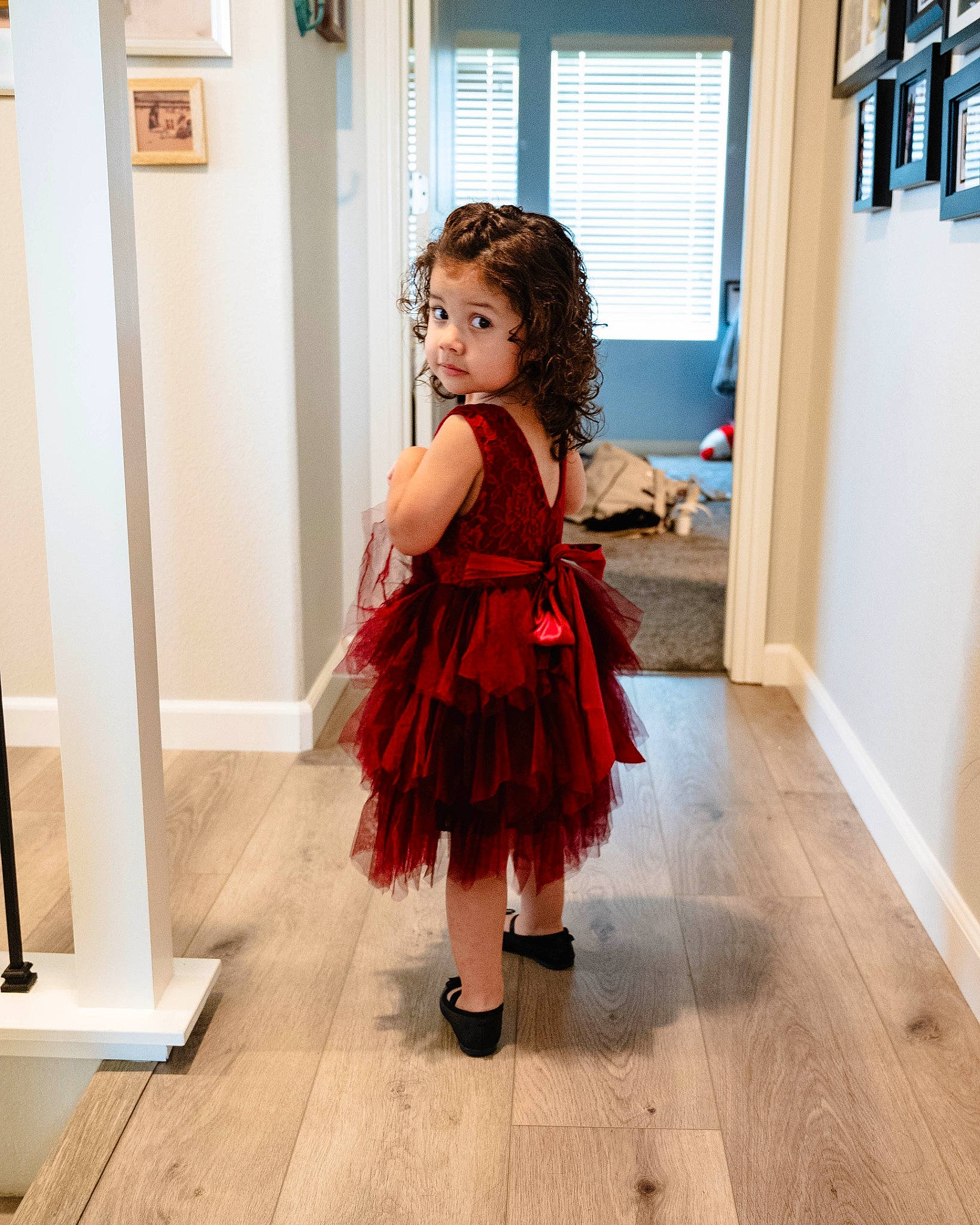 Jubilee joined the competition — help win amazing prizes! abdomen, door, dress, fashion_design, floor, flooring, formal_wear, hardwood, human_leg, laminate_flooring, magenta, one_piece_garment, person, standing, thigh, toddler, trunk, waist, window, wood