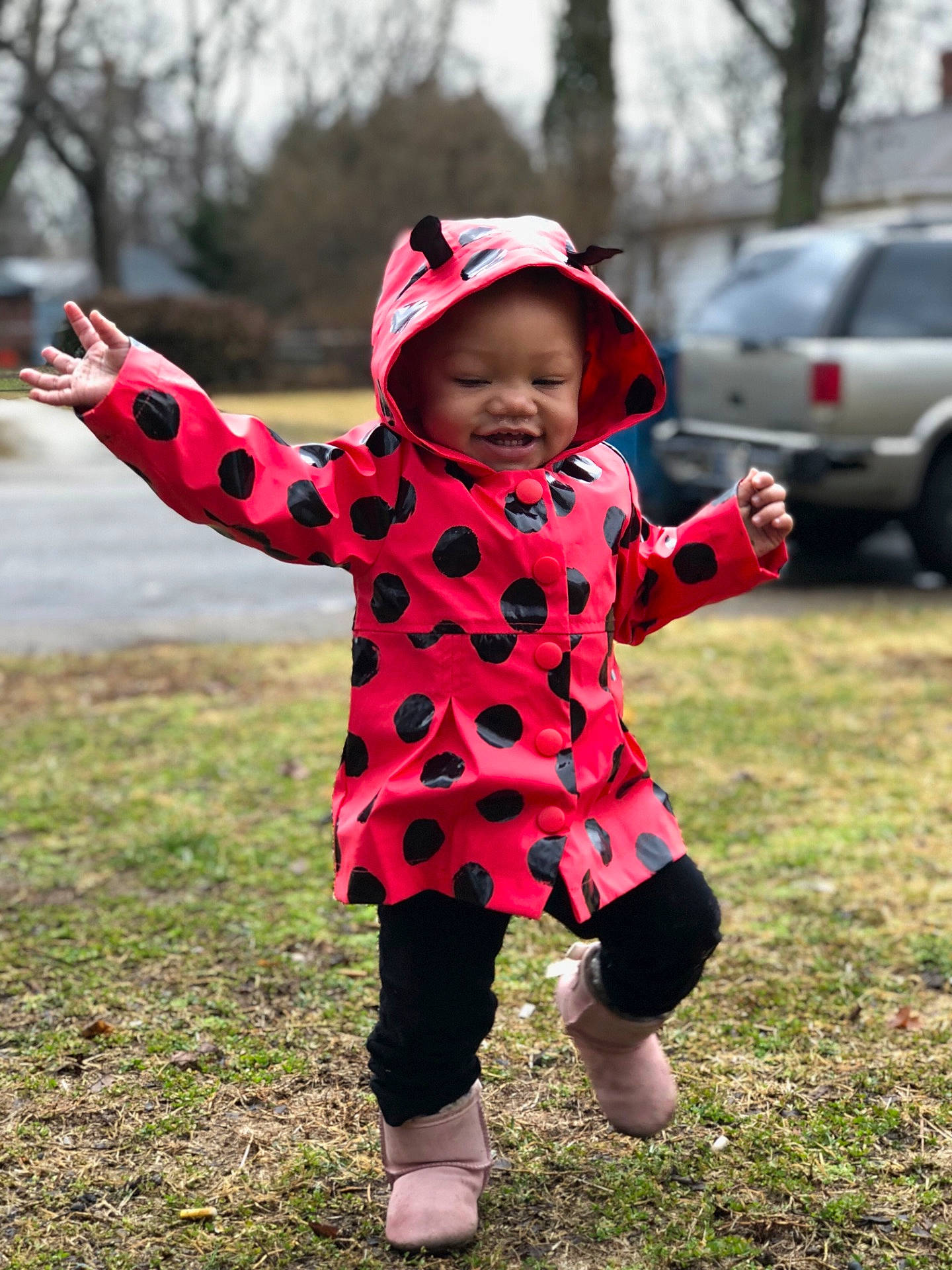 Kyree joined the competition — help win amazing prizes! child, clothing, costume, design, fun, girl, grass, headgear, infant, joy, outerwear, pattern, person, pink, plant, play, red, smile, toddler, tree