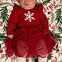 baby, infant, child, red_dress, christmas_hat, holiday, festive, blanket, holly, berries, greenery, boots, fur_trim, tights, cute, portrait, indoors, lying_down, winter_wear, celebration