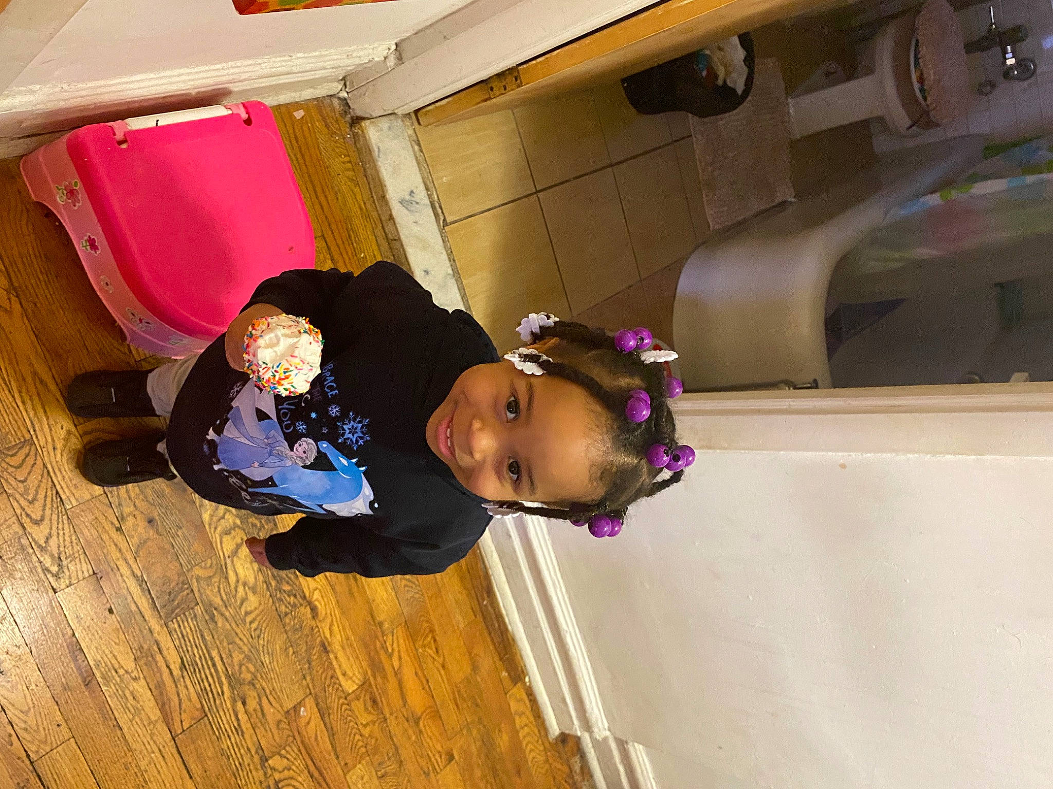 Lianna joined the competition — help win amazing prizes! child, floor, flooring, fun, happy, hardwood, hat, joy, leisure, magenta, person, pink, play, purple, room, toddler, varnish, wood, wood_flooring, wood_stain