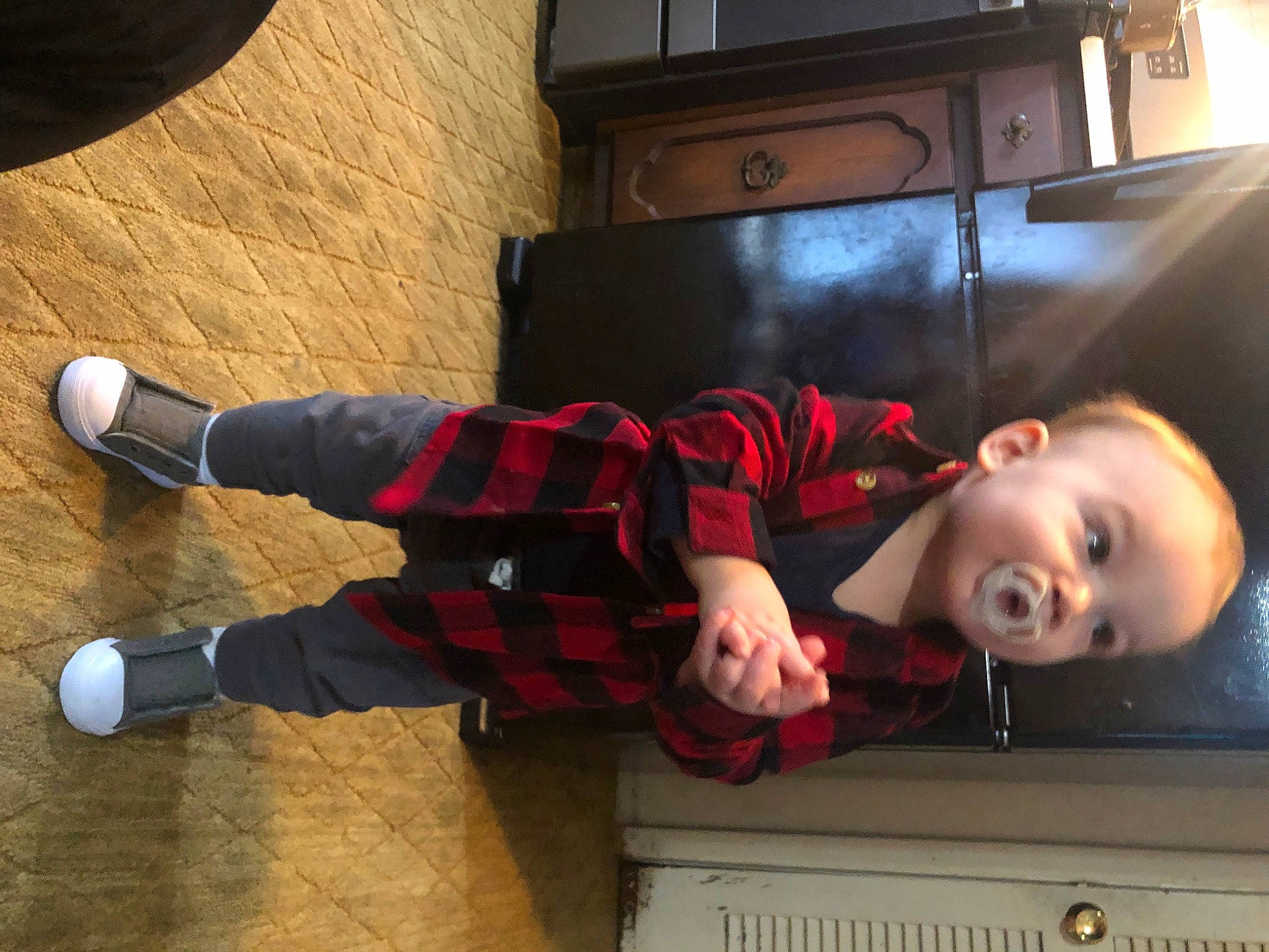 Malcolm joined the competition — help win amazing prizes! cabinetry, child, floor, flooring, fun, hardwood, home_appliance, human_leg, kitchen_appliance, knee, microwave_oven, person, plaid, shoe, smile, sock, standing, surprise, tartan, television