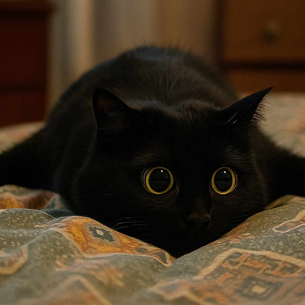 Hanalei joined the competition — help win amazing prizes! alert, animal, bedspread, black_cat, cat, close_up, cozy, cute, domestic_cat, ears, feline, focused, fur, indoor, lying_down, patterned_bed, pet, resting, whiskers, wide_eyes