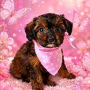 Snickers joined the competition — help win amazing prizes! adorable, bandana, brown_fur, butterflies, closeup, colorful, cute, dog, fantasy, floral, flowers, fluffy, pet, pink, portrait, puppy, sitting, soft_background, sparkles, whimsical