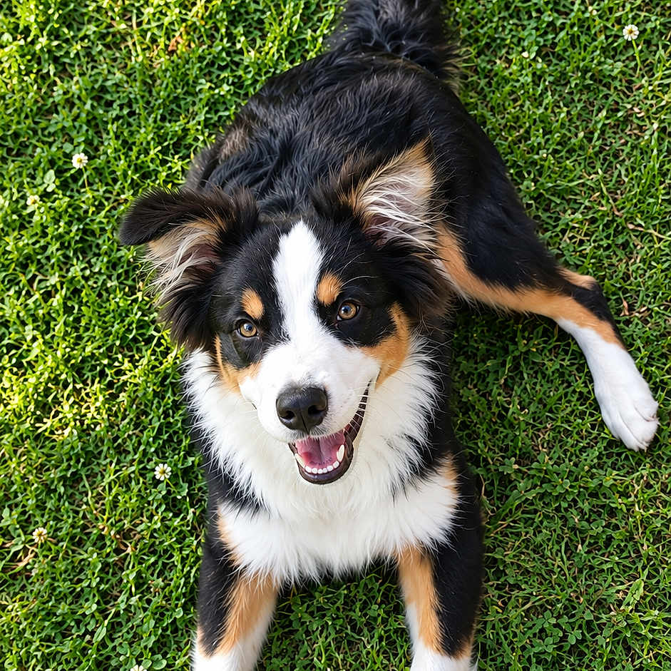 Naya participe au concours pour gagner de l'argent avec cette photo : dog, border_collie, black_and_white, tricolor, fluffy, long_hair, lying_down, grass, lawn, clover, outdoor, garden, happy, smiling, open_mouth, pointed_ears, tail, pet, portrait, daylight