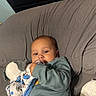 baby, infant, pacifier, toy, bed, blanket, clothing, blue, gray, cute, child, indoors, young, comfort, sleepwear, person, skin, head, legs, relaxation
