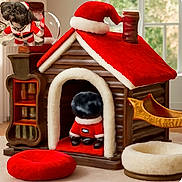 Bucky is registered to the contest to win money with this photo: brown, christmas, cozy, cushion, cute, decor, dog, doghouse, fur, furniture, holiday, indoor, pet, plush, red, santa_suit, sitting, toy, white, window
