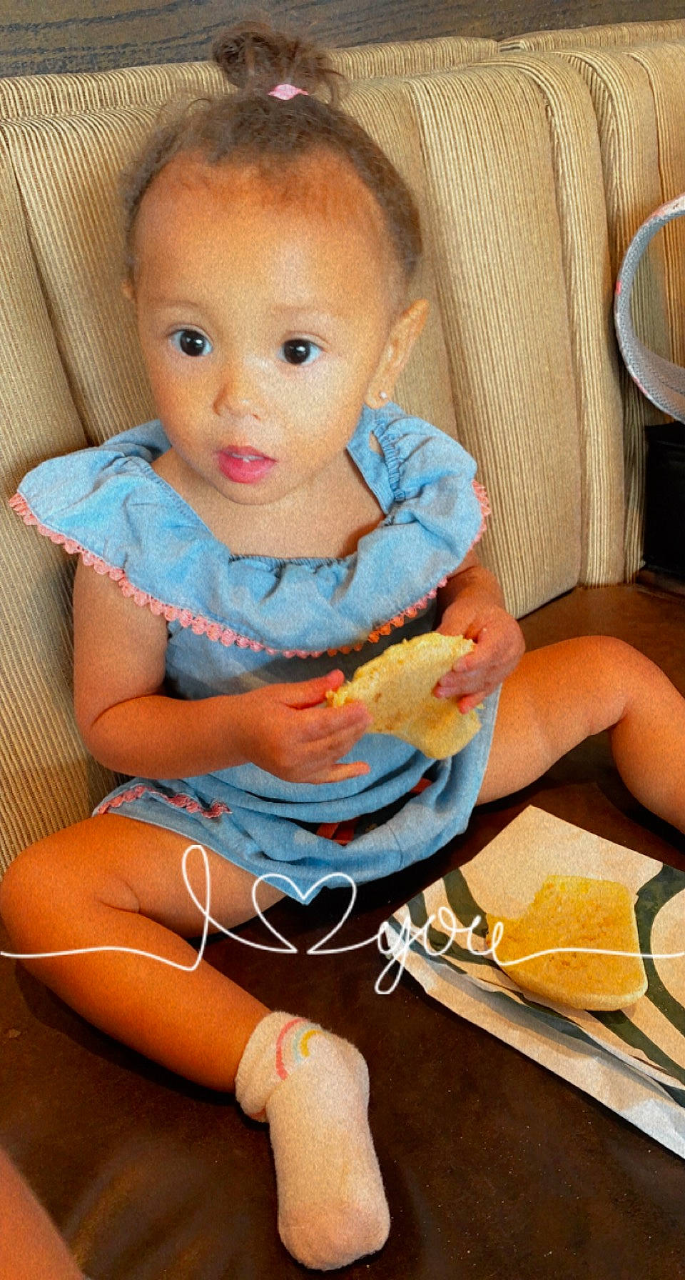 Gisselle is registered to the contest to win money with this photo: baby, baby_toddler_clothing, chair, child, cuisine, dish, electric_blue, face, finger, food, ingredient, orange, person, plate, potato_bread, recipe, sitting, surprise, tableware, thigh