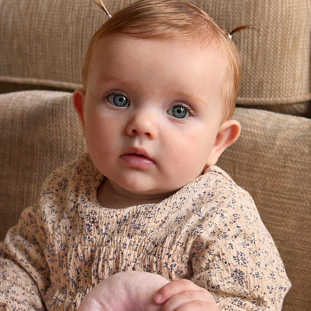 Navie Grace is registered to the contest to win money with this photo: baby, blue_eyes, child, closeup, cute, eyelashes, face, gaze, hand, indoors, infant, patterned_dress, pigtails, pink_toy, plush_toy, portrait, seated, skin, sofa, soft_lighting