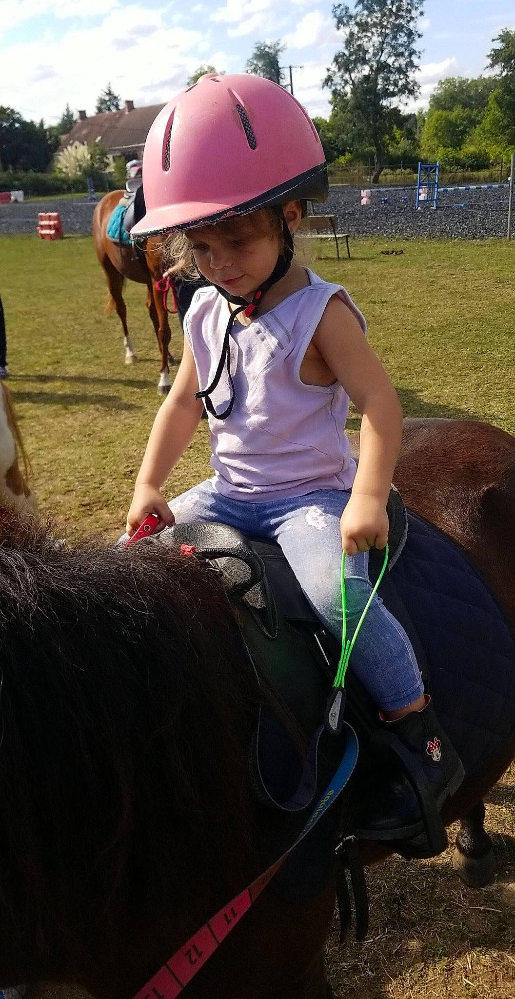 Camélia a rejoint le concours — aidez-le/la à gagner de superbes lots ! bit, bridle, equestrian_helmet, equestrianism, fun, grass, halter, hard_hat, headwear, helmet, horse, horse_supplies, horse_tack, mammal, mane, outdoor_recreation, person, rein, saddle, toddler