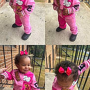 Janyla is registered to the contest to win money with this photo: toddler, child, pink_clothing, bow, curly_hair, porch, brick_wall, metal_railing, outdoor, concrete_floor, black_shoes, cute, playful, smiling, standing, walking, posing, person, daylight, happy