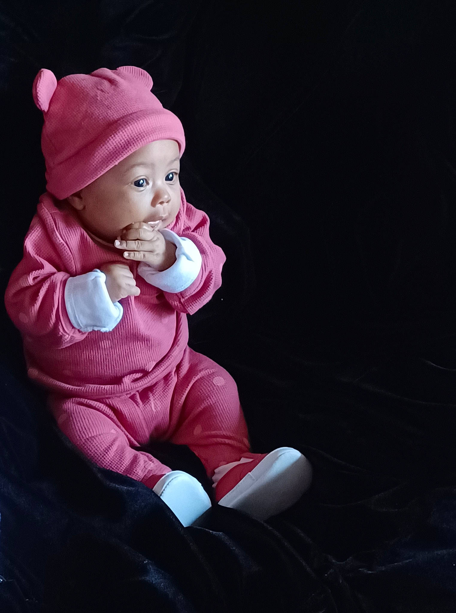 Emerald joined the competition — help win amazing prizes! baby, baby_toddler_clothing, beanie, cap, carmine, cheek, child, eye, fashion_accessory, flash_photography, fun, happy, headwear, hood, knit_cap, magenta, person, portrait_photography, sitting, sleeve