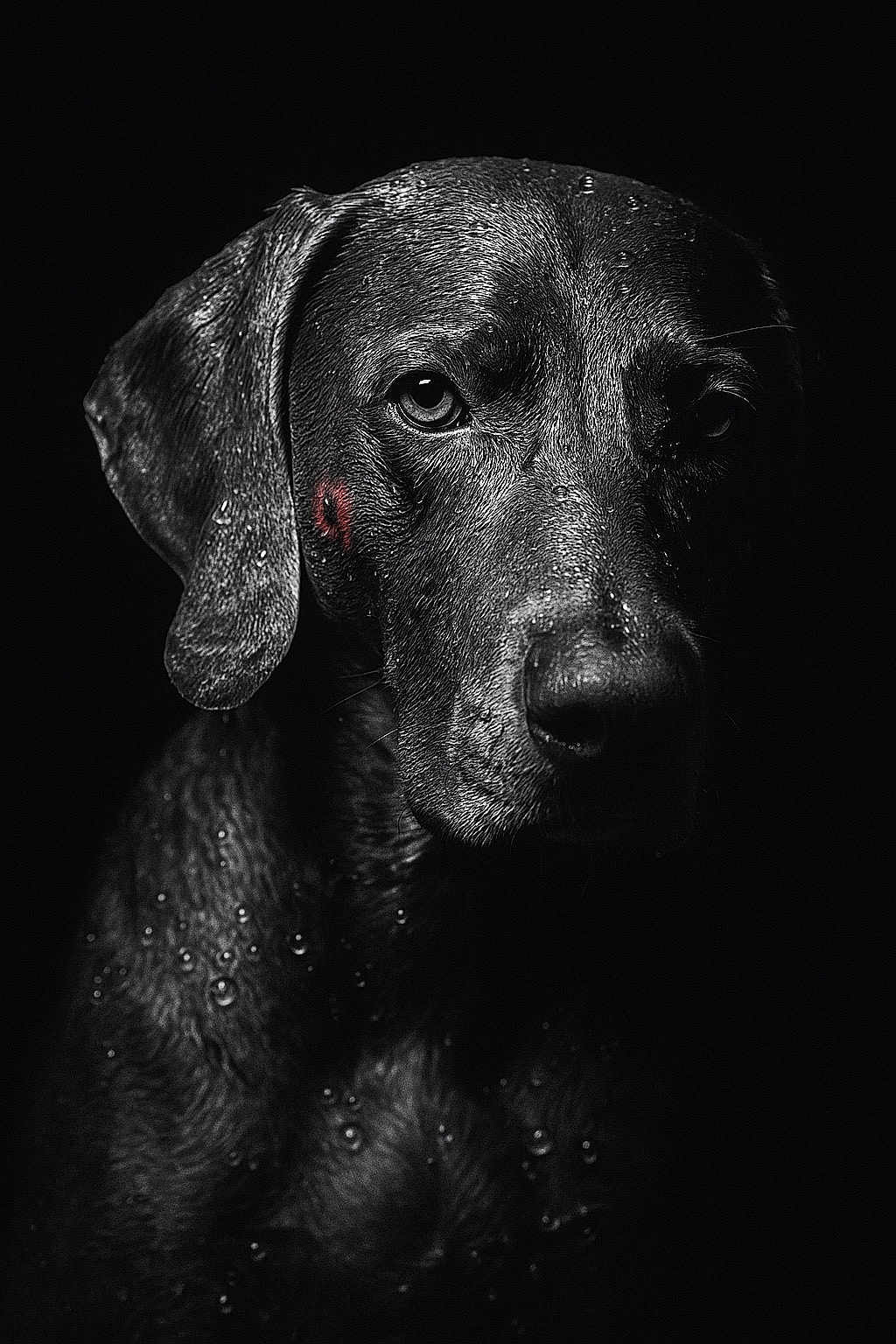Snoop a rejoint le concours — aidez-le/la à gagner de superbes lots ! animal, black_and_white, canine, close_up, dark_background, detail, dog, droplets, ear, expression, face, fur, kiss_mark, lipstick_mark, moisture, monochrome, portrait, studio_lighting, texture, wet