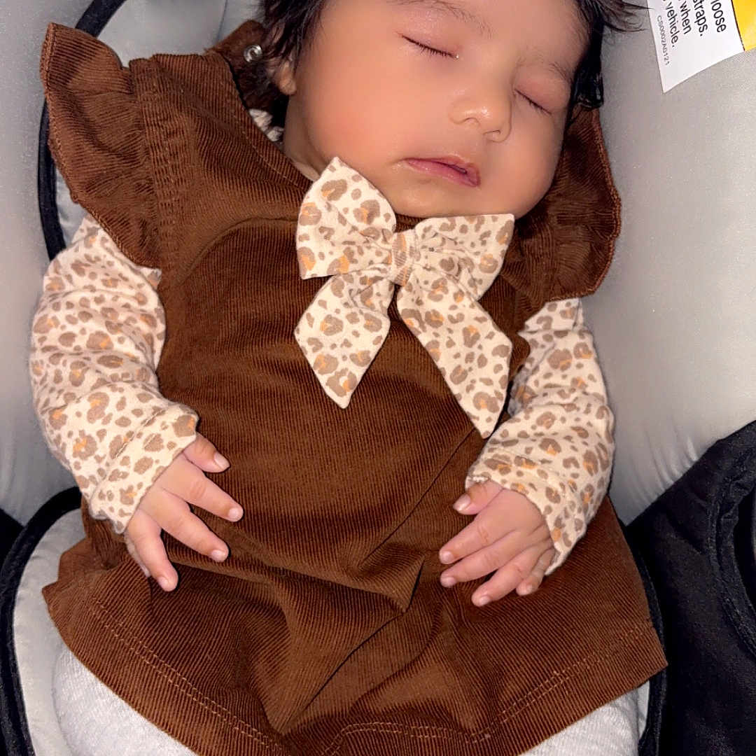 Calyanna joined the competition — help win amazing prizes! baby, bow, brown_dress, car_seat, child, cute, fabric, feet, flower, hands, headband, heart_graphics, indoors, infant, leopard_print, long_sleeves, peaceful, sleeping, soft, white_tights