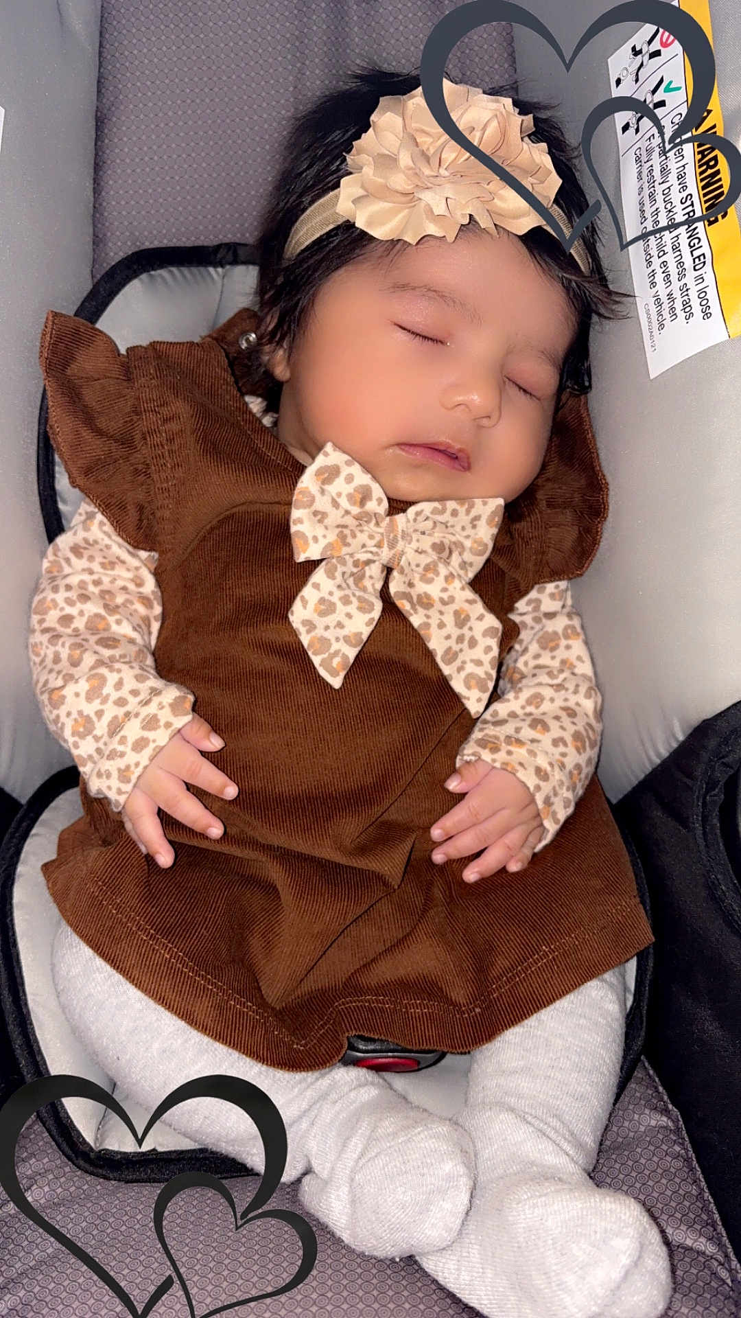 Calyanna joined the competition — help win amazing prizes! baby, sleeping, car_seat, headband, flower, brown_dress, bow, leopard_print, long_sleeves, white_tights, infant, cute, peaceful, child, hands, feet, fabric, soft, heart_graphics, indoors
