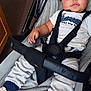 Jacob joined the competition — help win amazing prizes! baby, child, stroller, safety_harness, white_shirt, gray_pants, nike_sneakers, footwear, indoor, carpet, blanket, infant, cute, portrait, smiling, person, clothing, baby_boy, seat, comfort