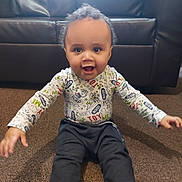 Jacob is registered to the contest to win money with this photo: toddler, child, baby, carpet, couch, indoor, happy, smiling, clothing, long_sleeve, pants, sitting, person, home, living_room, cute, playful, expression, young, furniture