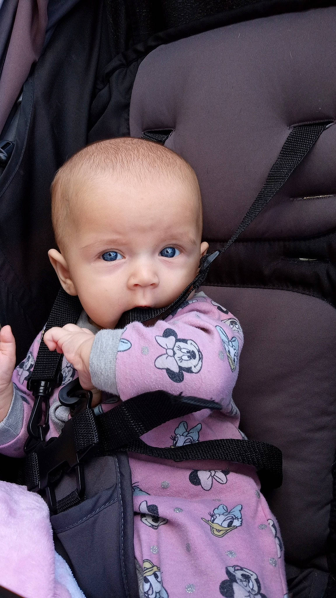 Serenity is registered to the contest to win money with this photo: auto_part, baby, baby_carriage, baby_products, baby_toddler_clothing, car_seat, cheek, child, comfort, eye, eyelash, face, head, iris, person, pink, seat_belt, sitting, skin, sleeve