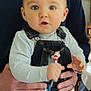 Lysio participe au concours pour gagner de l'argent avec cette photo : baby, child, denim_overalls, blue_eyes, toy, hands, adult_hands, long_sleeve_shirt, indoor, person, cute, curious, seated, holding, face, clothing, expression, skin, portrait, casual