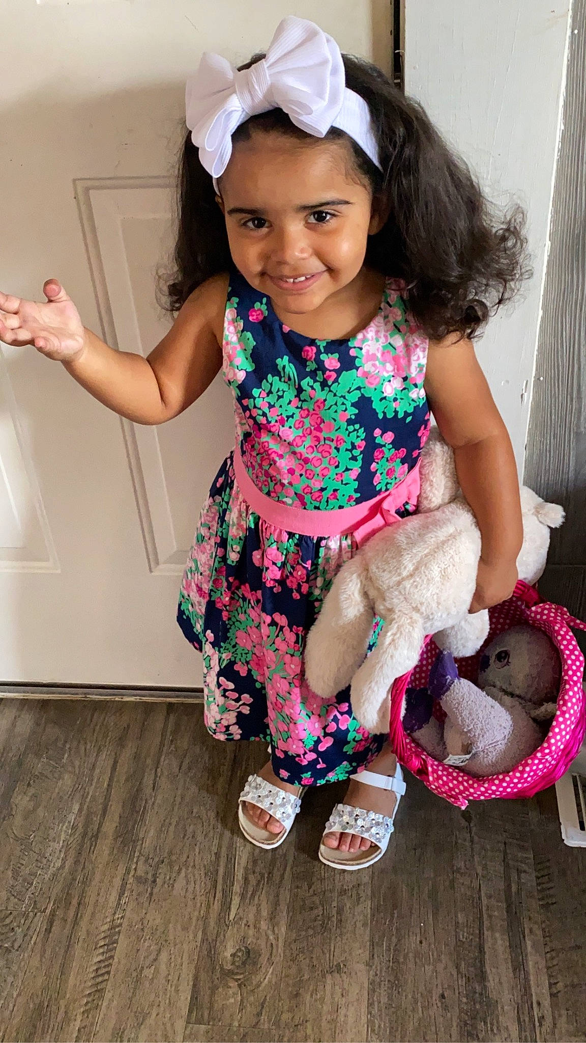 Jayla is registered to the contest to win money with this photo: baby_toddler_clothing, cool, dress, footwear, happy, headwear, joint, joy, leg, magenta, person, pink, product, purple, shoe, skin, sleeve, smile, sock, standing