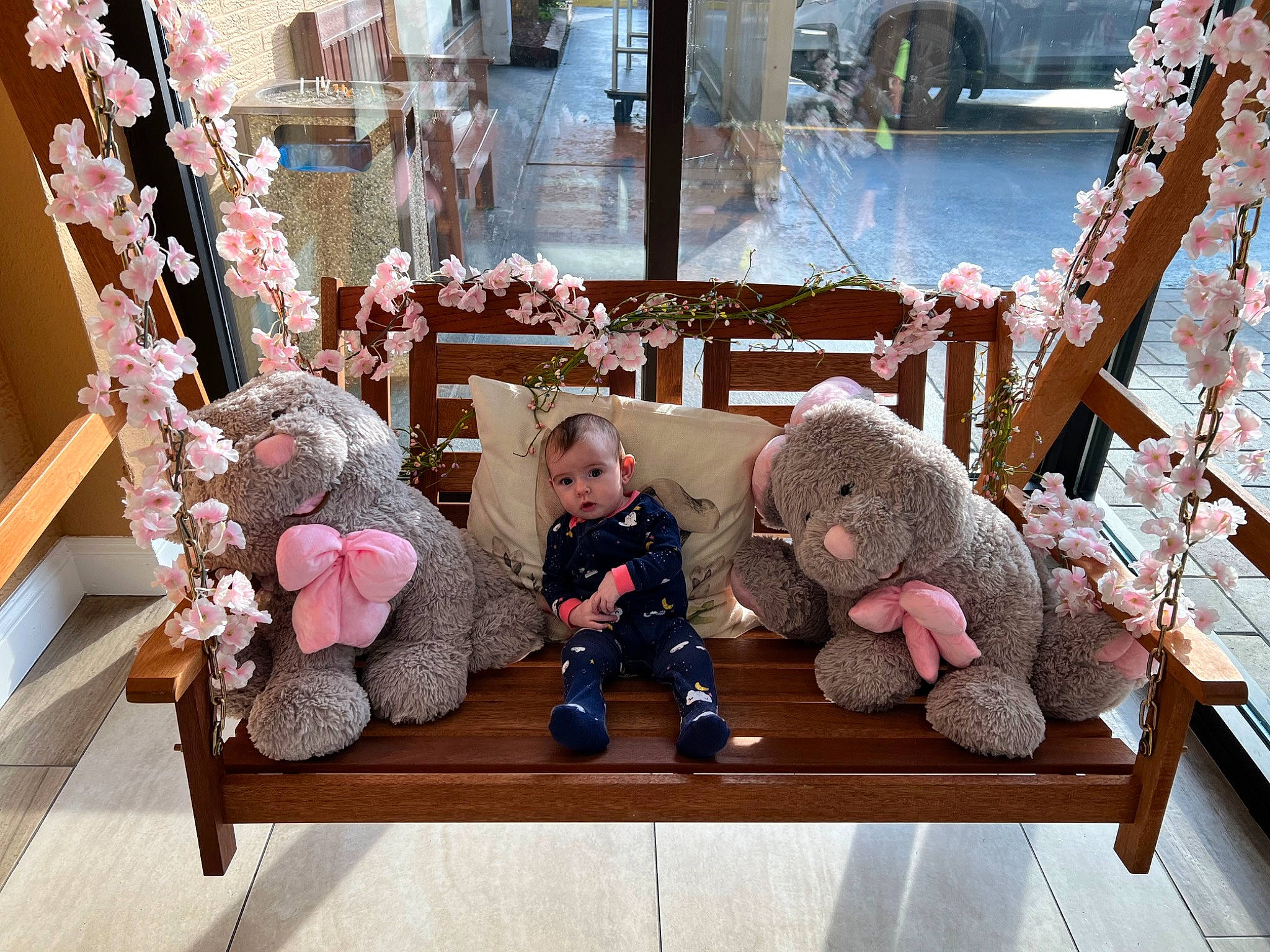 Kinsley is registered to the contest to win money with this photo: art, baby_toys, child, collection, fawn, flooring, fur, leisure, person, pink, plush, room, stuffed_toy, surprise, teddy_bear, textile, toddler, toy, twig, winter