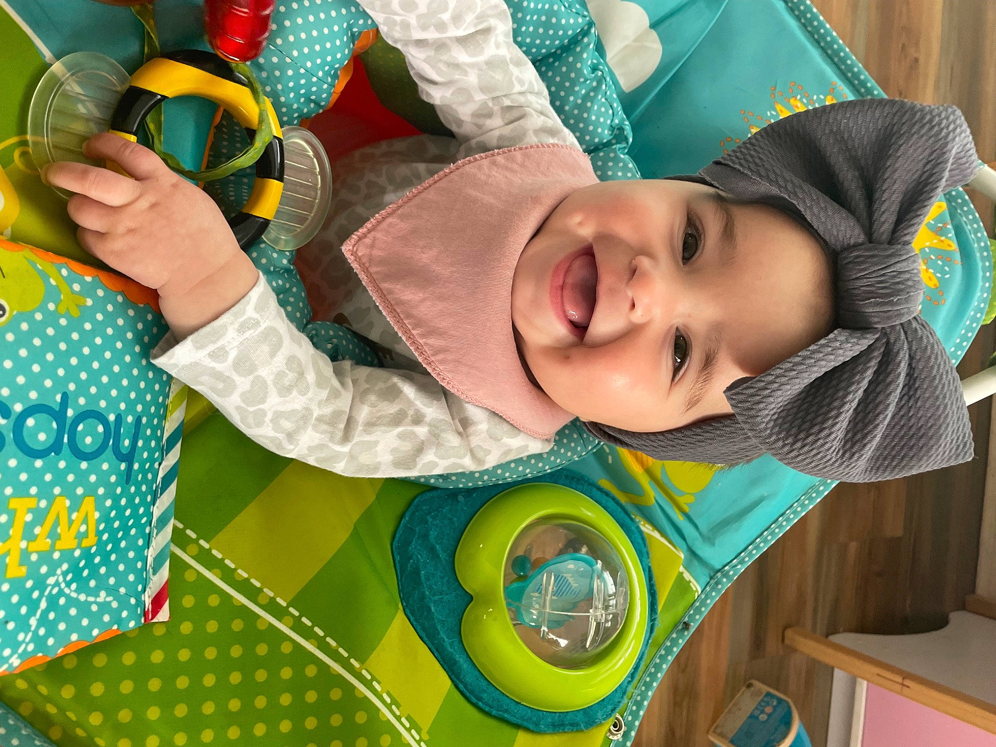 Kamryn joined the competition — help win amazing prizes! baby, baby_products, baby_toddler_clothing, child, event, fun, green, happy, headwear, joy, linens, pattern, person, play, product, room, smile, t_shirt, textile, toddler