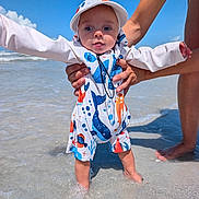 Archie is registered to the contest to win money with this photo: baby, child, beach, ocean, seawater, shoreline, standing, smiling, face, infant, sunny, outdoors, vacation, adult, hands, hat, sunglasses, colorful_clothing, sea_animals, portrait