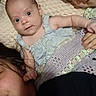 baby, child, infant, family, portrait, faces, smiling, wide_eyed, lying_down, blanket, knitted_blanket, blue_dress, home, indoor, closeup, parent, caregiver, hands, cozy, photograph