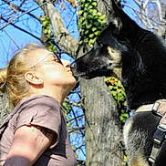 Rox participe au concours pour gagner de l'argent avec cette photo : affection, animal, blue_sky, canine, closeup, daylight, dog, friendship, harness, human, kiss, leisure, nature, outdoor, pet, portrait, sunglasses, tattoo, tree, woman