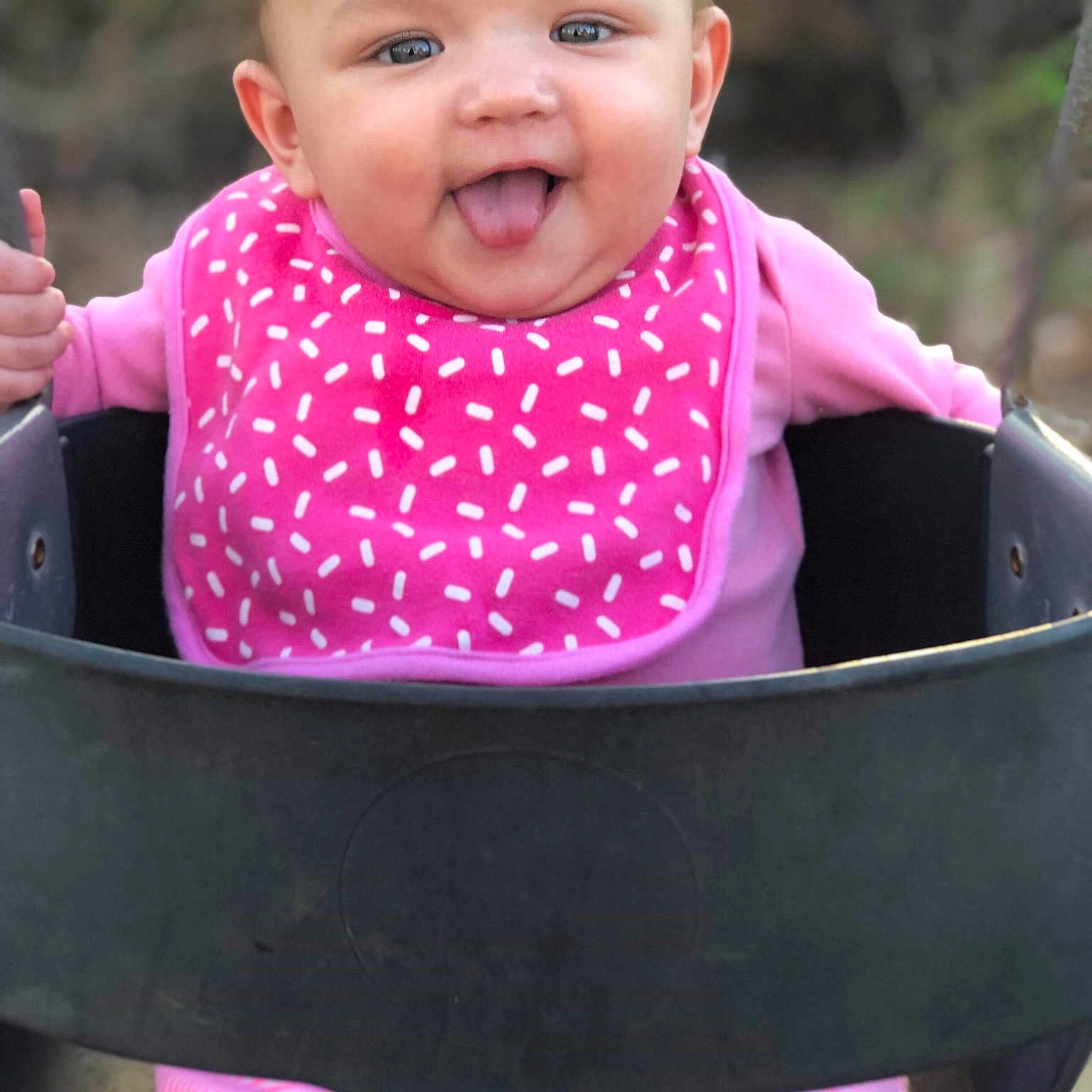 Lacole joined the competition — help win amazing prizes! baby, baby_carriage, baby_products, baby_toddler_clothing, cheek, child, outdoor_play_equipment, person, pink, play, playground, product, sitting, skin, smile, swing, toddler, vacation, vehicle