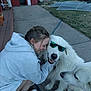Everest joined the competition — help win amazing prizes! person, dog, white_dog, sunglasses, hoodie, sneakers, outdoor, concrete, grass, building, pet, affection, smile, happy, animal, casual_clothing, playing, friendship, daylight, candid