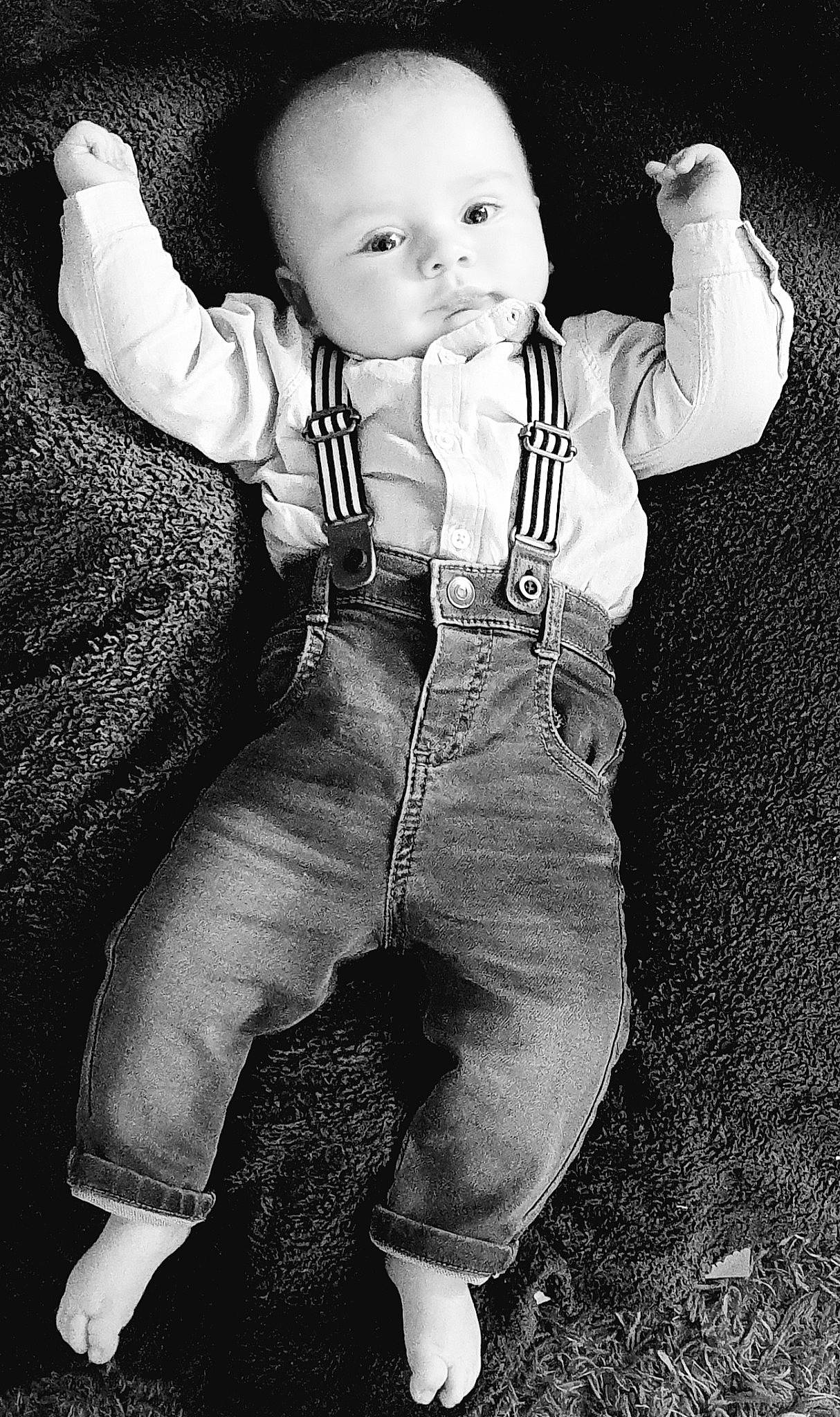 Loki joined the competition — help win amazing prizes! baby, baby_toddler_clothing, black, black_and_white, cheek, chin, eye, face, finger, flash_photography, gesture, hand, head, leg, nose, person, photograph, skin, sleeve, style