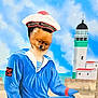 Chanel participe au concours pour gagner de l'argent avec cette photo : dog, pomeranian, painted_cutout, sailor_uniform, marine_nationale, blue_suit, lighthouse, sky, clouds, sea, person, face_cutout, outdoor, humor, animal_face, portrait, costume, funny, beach, red_details