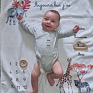 Elyana a rejoint le concours — aidez-le/la à gagner de superbes lots ! baby, infant, milestone_blanket, giraffe, zebra, elephant, tree, wooden_ring, smiling, clothing, onesie, arms_raised, legs_bent, lying_down, cute, celebration, milestone, portrait, indoor, child