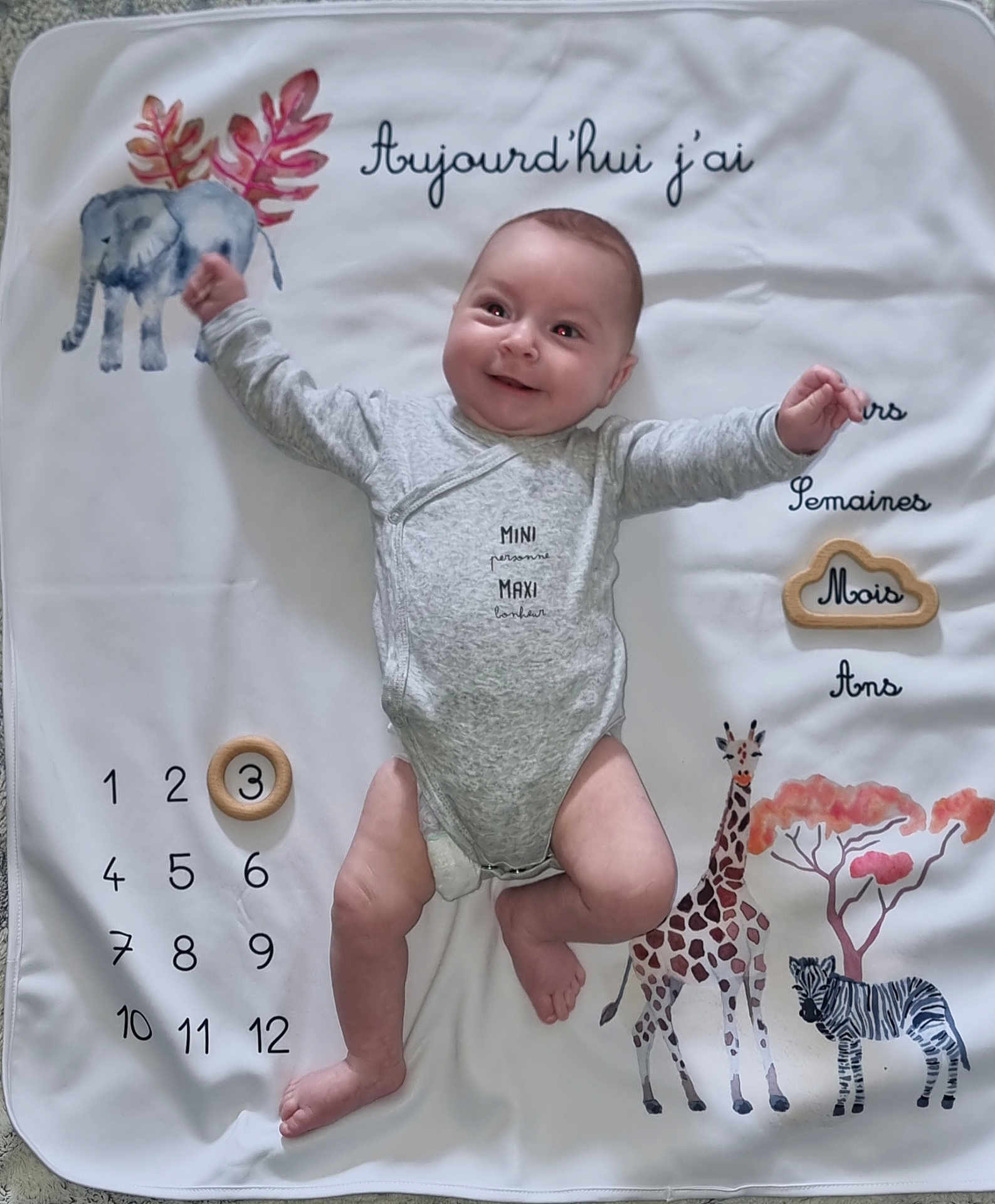Elyana a rejoint le concours — aidez-le/la à gagner de superbes lots ! baby, infant, milestone_blanket, giraffe, zebra, elephant, tree, wooden_ring, smiling, clothing, onesie, arms_raised, legs_bent, lying_down, cute, celebration, milestone, portrait, indoor, child