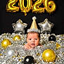 baby, party_hat, tinsel, balloons, gold_balloons, silver_balloons, black_balloons, star_balloons, celebration, festive, new_year, portrait, face, infant, holiday_decor, sparkle, shiny, cute, background, event