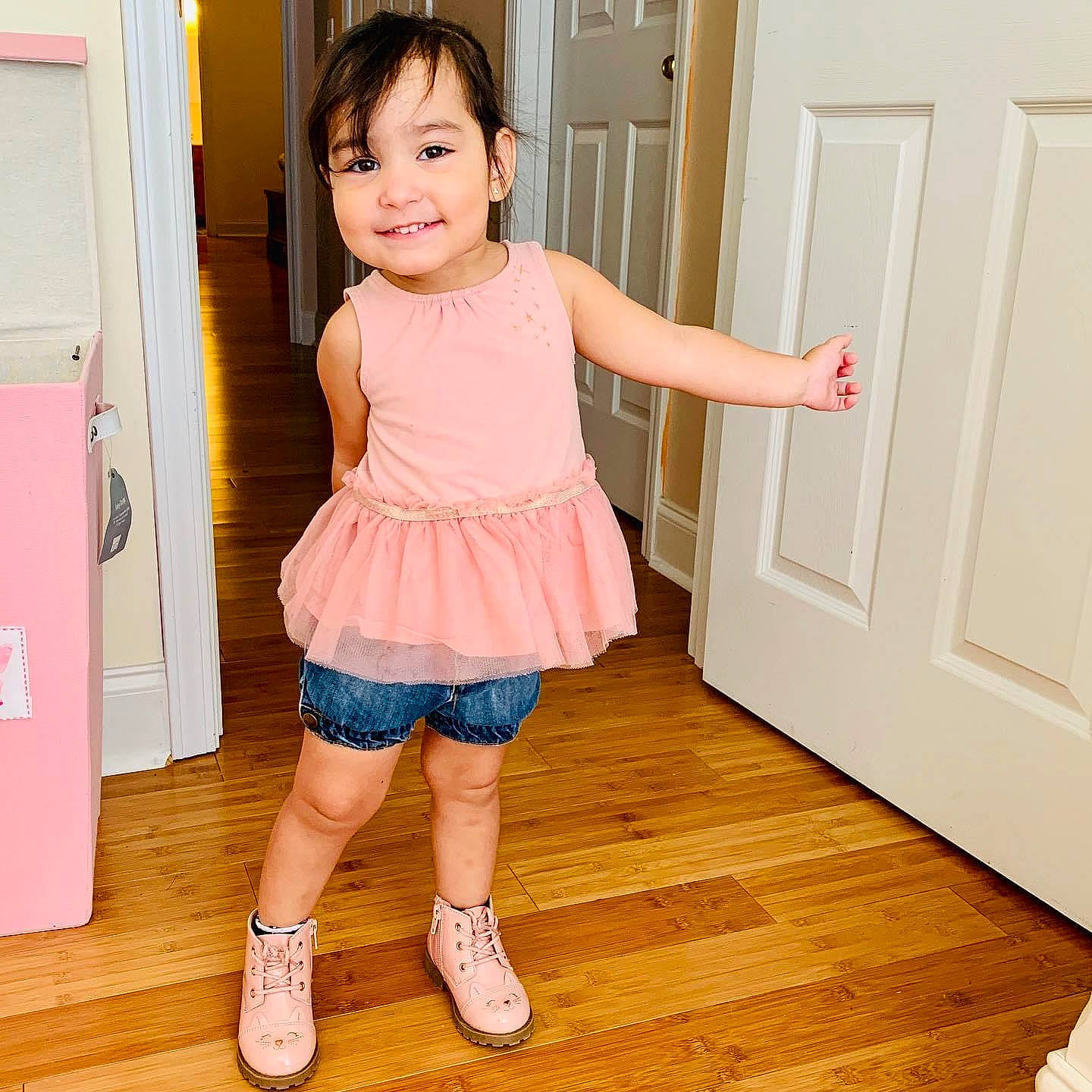 Laura Sophia joined the competition — help win amazing prizes! baby, baby_toddler_clothing, beauty, child, child_model, clothing, dress, floor, flooring, footwear, joy, pattern, person, pink, product, ruffle, shoulder, sleeve, textile, toddler
